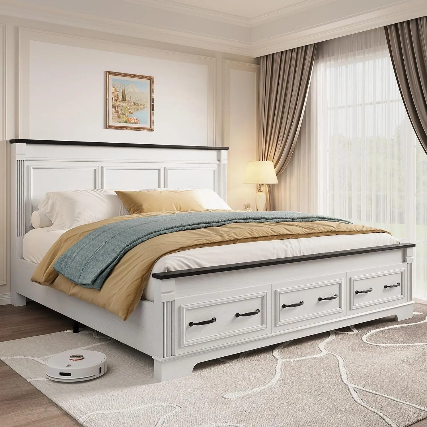 King Size Bed Frame With Storage Drawers - إطار سرير كبير الحجم بتصميم ريفي،