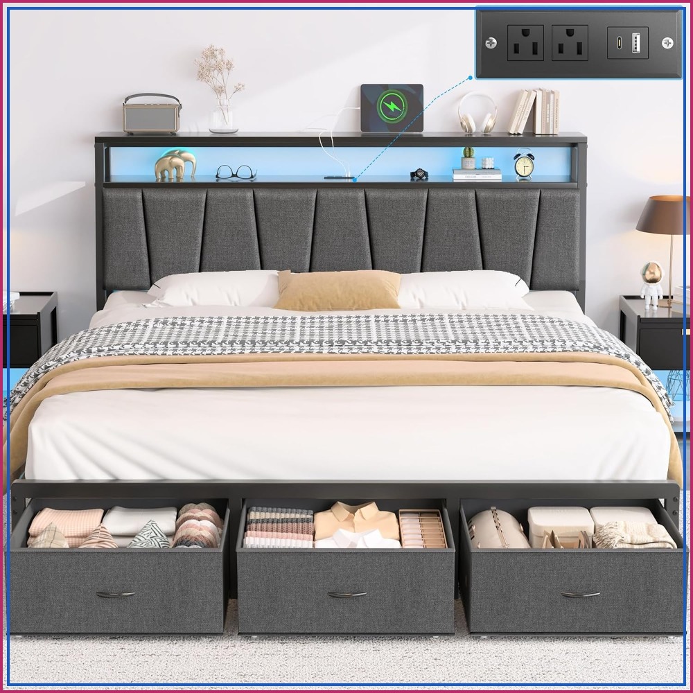 King Size Bed Frame With Storage Drawers - إطار سرير بحجم كينج مع لوح