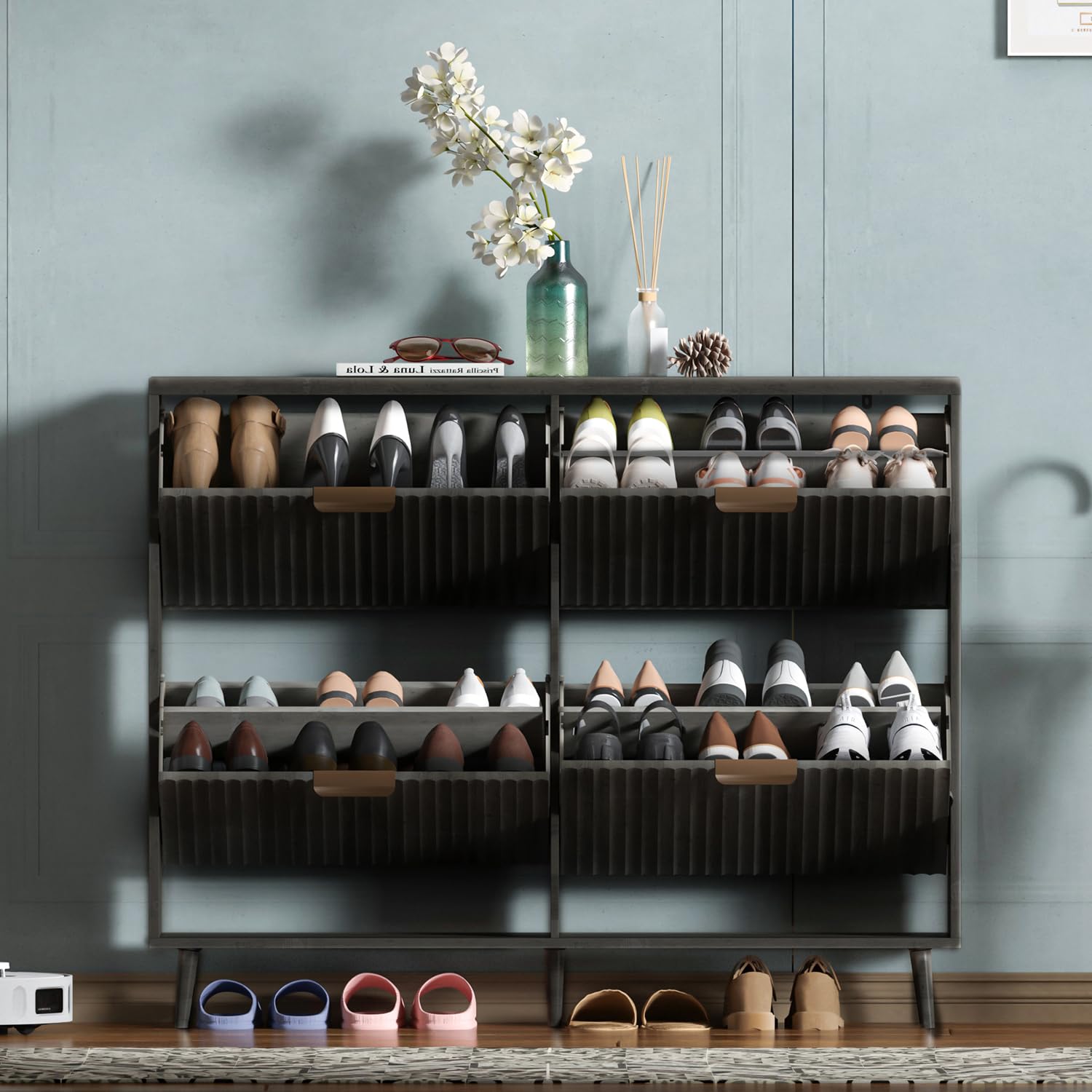 Shoe Rack Cabinet Narrow Entryway - خزانة أحذية، منظم عصري قائم بذاته