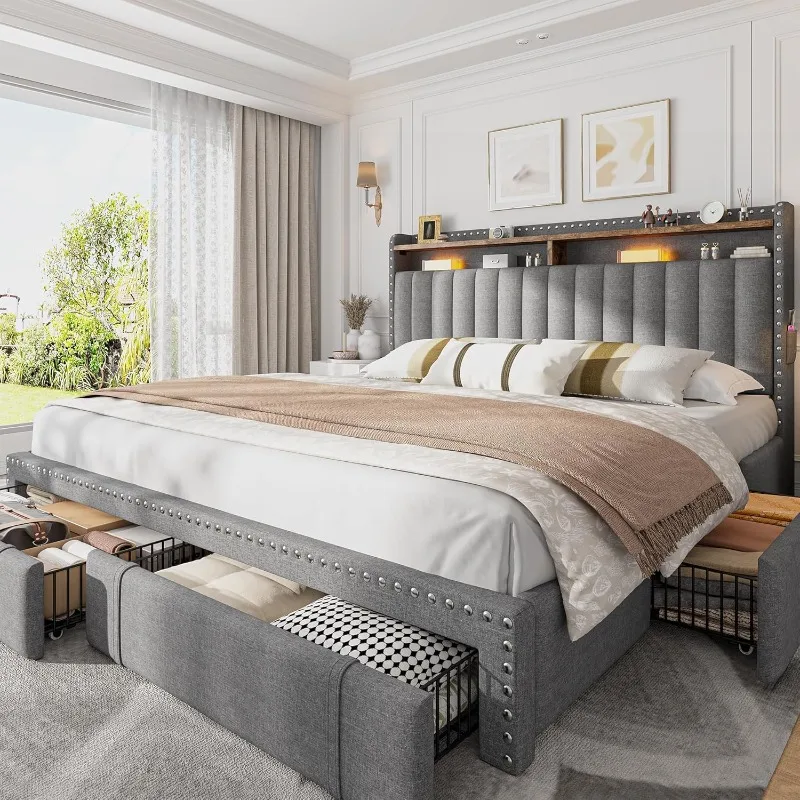 King Size Bed Frame With Storage Drawers - إنهومي إطار سرير كينج سايز مبطن