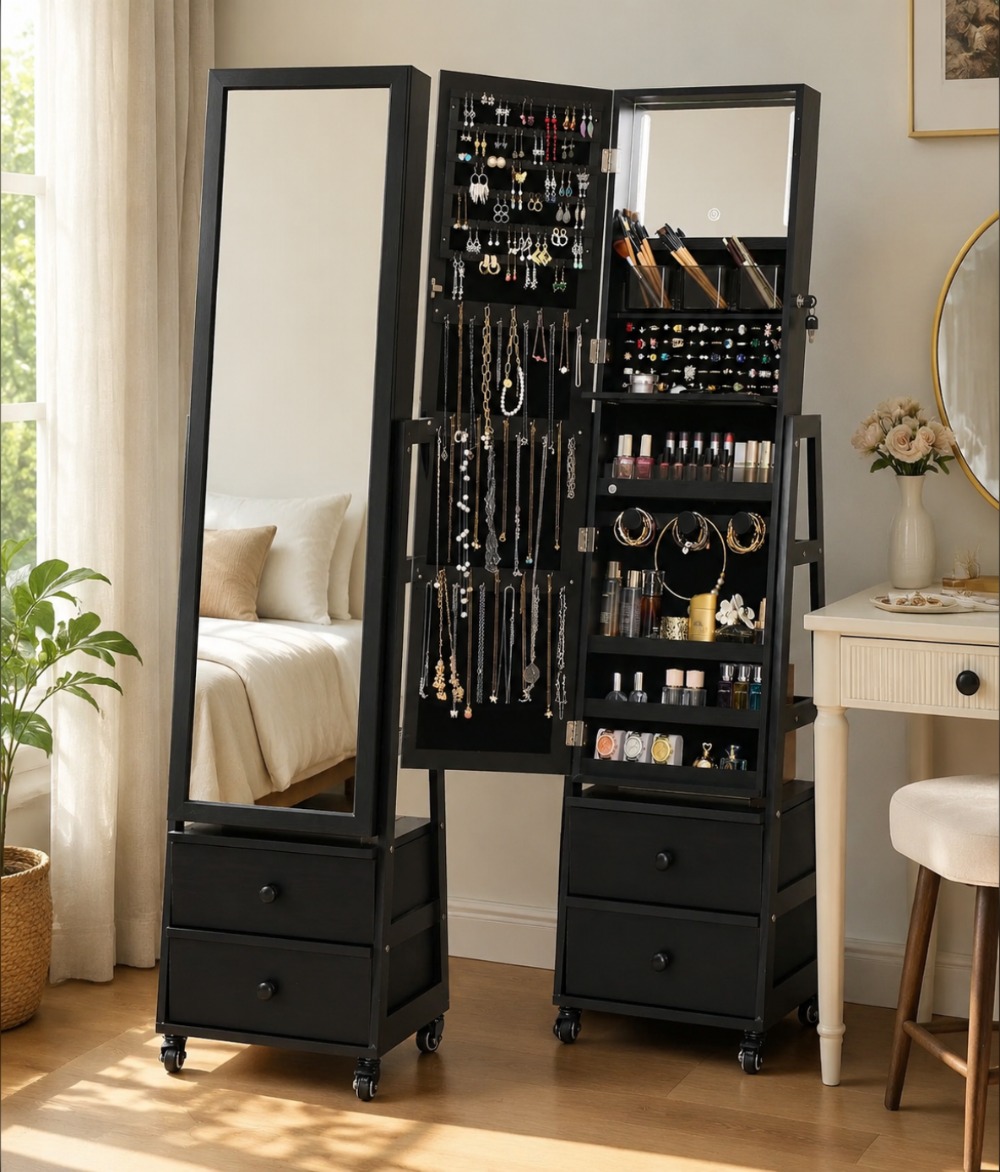 Full Length Mirror Jewelry Armoire - خزانة مجوهرات قائمة قابلة للقفل مع