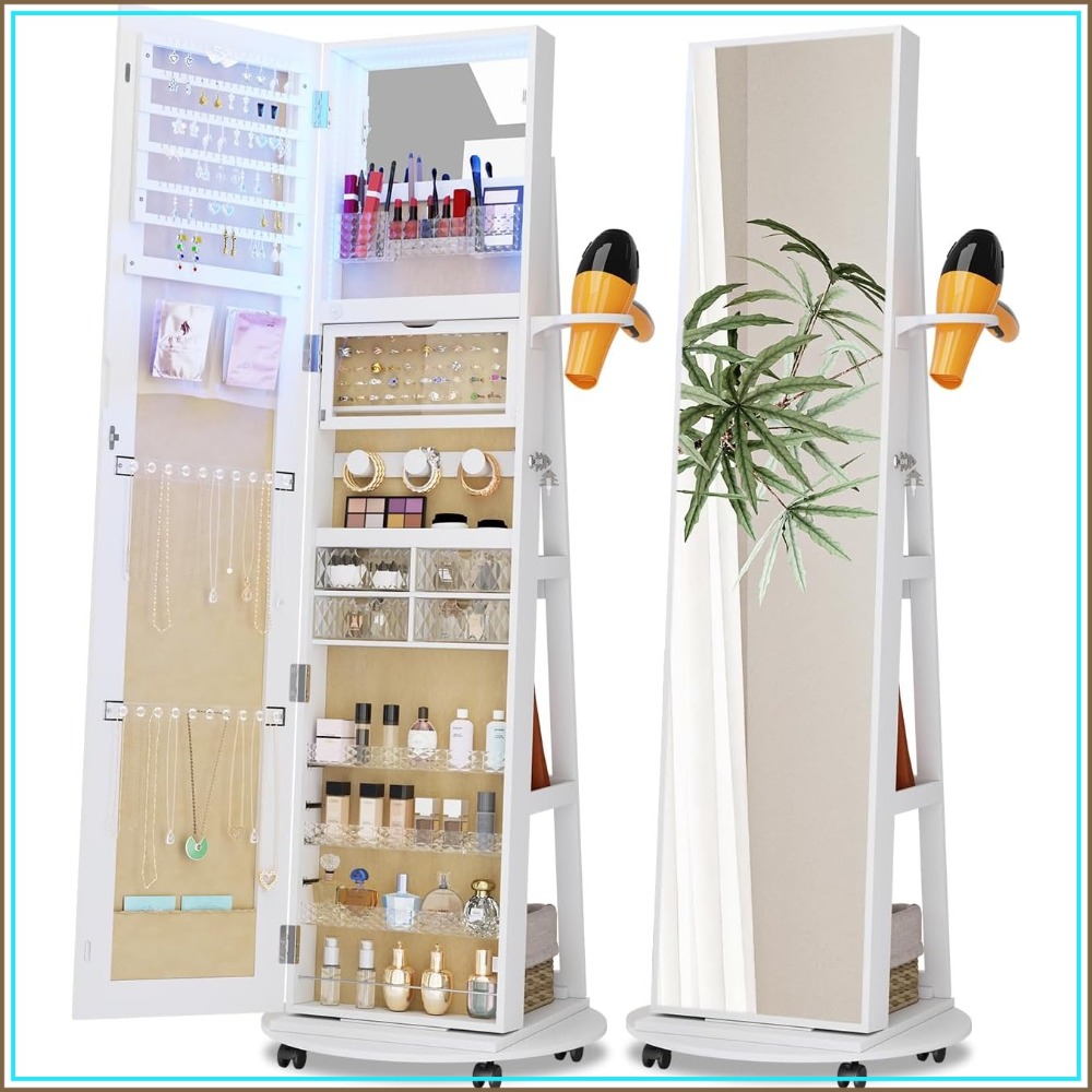Full Length Mirror Jewelry Armoire - خزانة مجوهرات بمرآة كاملة الطول مع