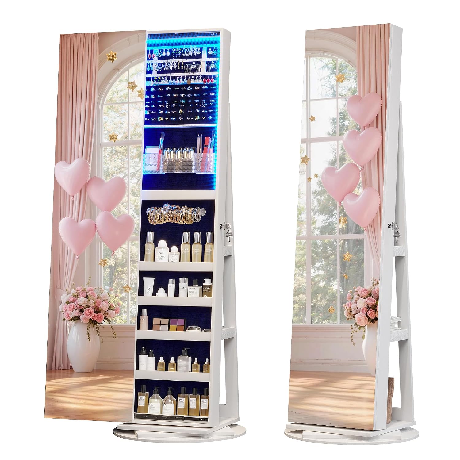 Full Length Mirror Jewelry Armoire - 360 ° خزانة مجوهرات دوارة مزودة