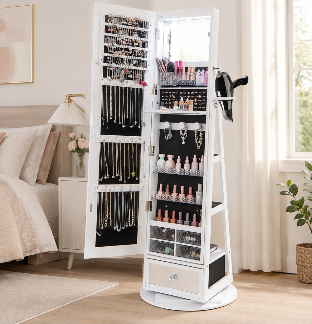 360 °   خزانة مجوهرات دوارة مع - مراجعة Full Length Mirror Jewelry Armoire وسعره