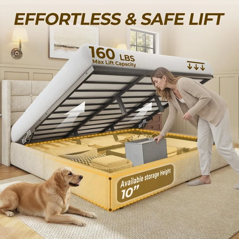 هيكل سرير HISOFT بحجم كينج مع  - مراجعة Gas Lift Storage Bed Hydraulic وسعره