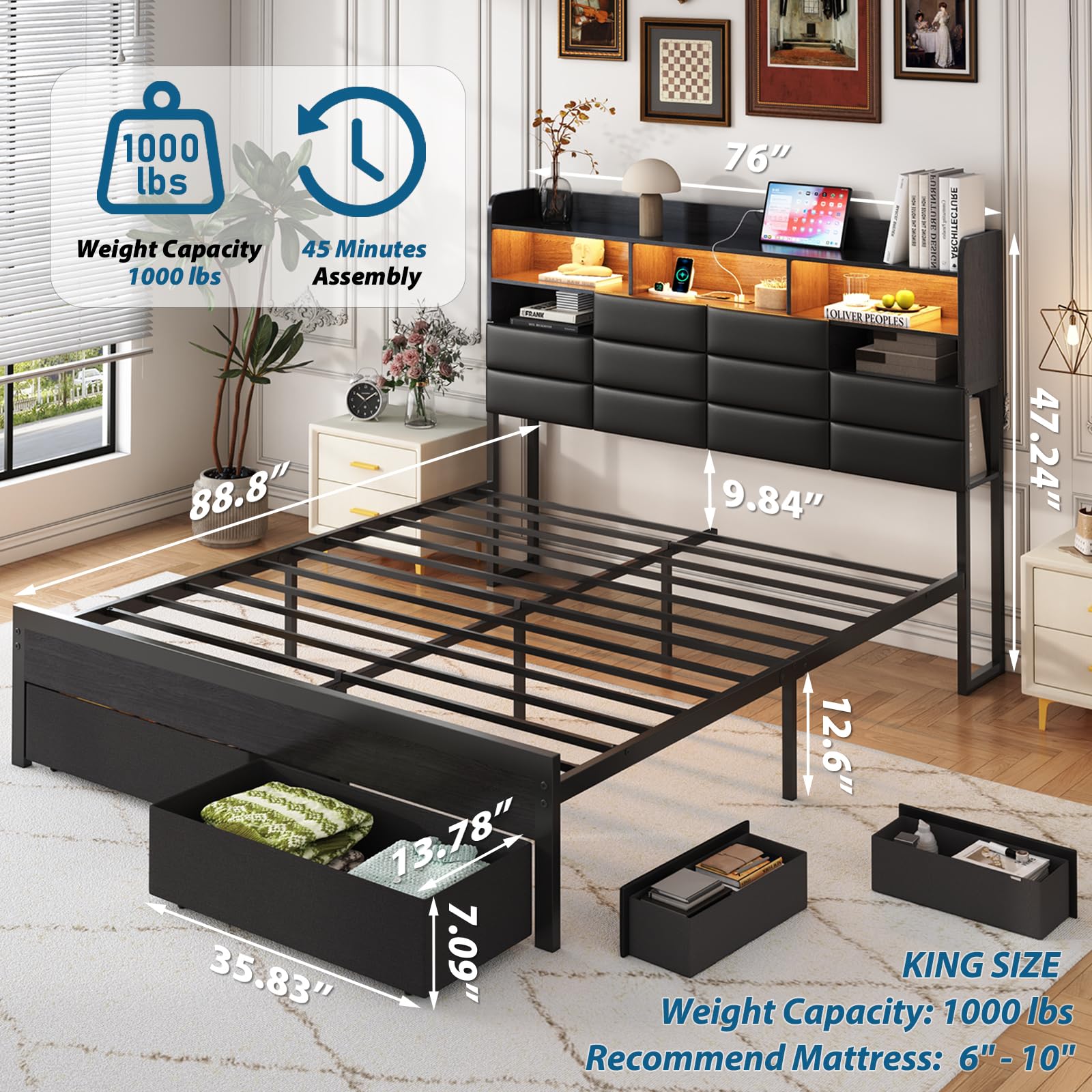 إطار سرير كبير الحجم مع أدراج  - مراجعة King Size Bed Frame With Storage Drawers وسعره