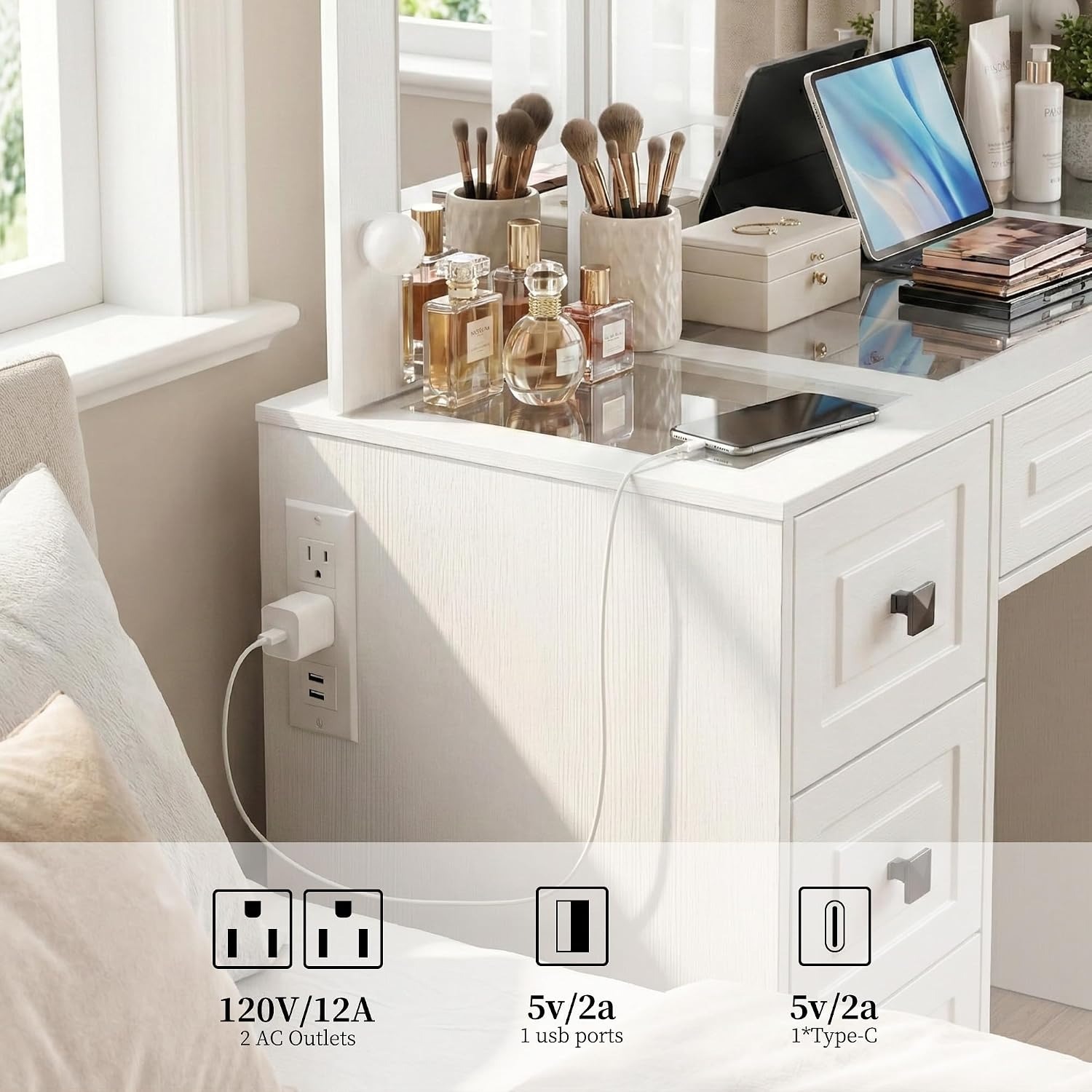 طاولة زينة مضاءة، مرآة ثلاثية  - مراجعة Dressing Table Vanity With Lighted Mirror وسعره